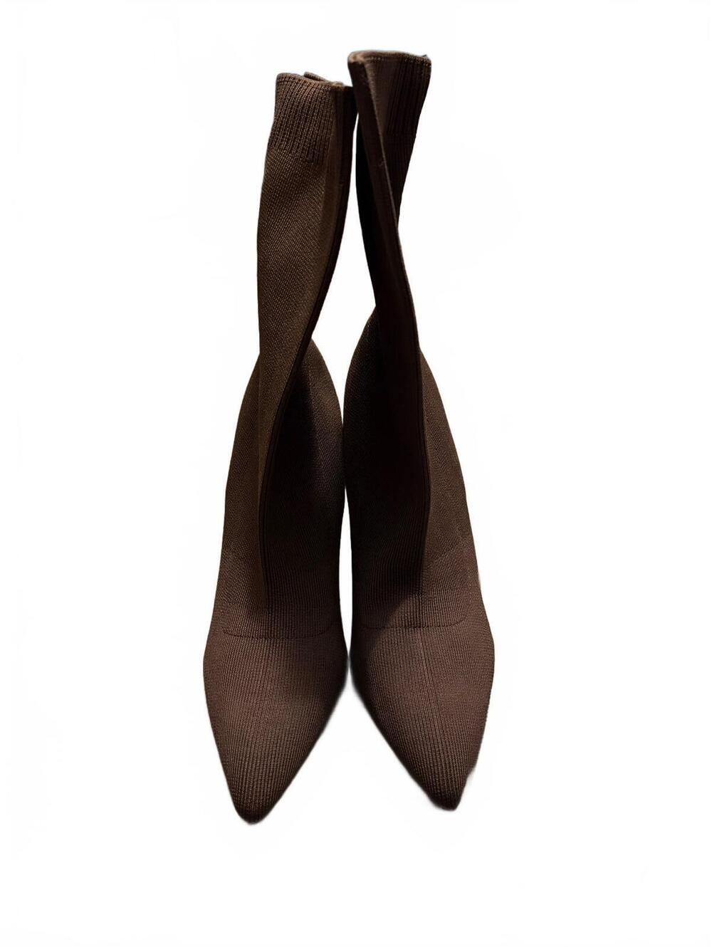 Brown Stretch Knit Sock Boots with Pointed Toe and Block Heel, Size 40